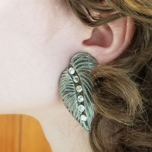 Rare modernist glam leaf earrings clip-on with rhinestone Goldman Goldman